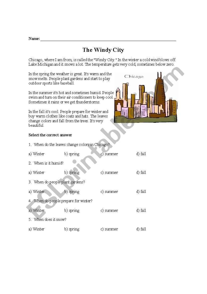 The Windy City   worksheet