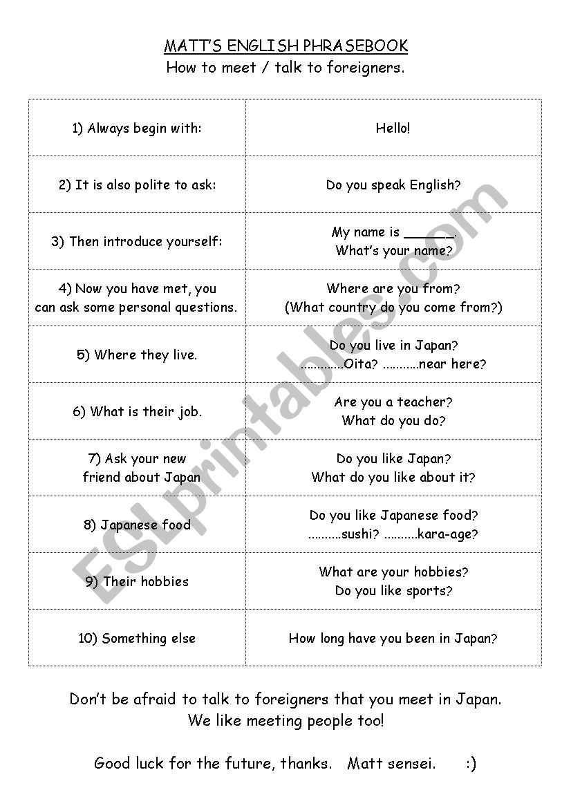 Matt´s Phrasebook - Talking to foreigners - ESL worksheet by Mattsui