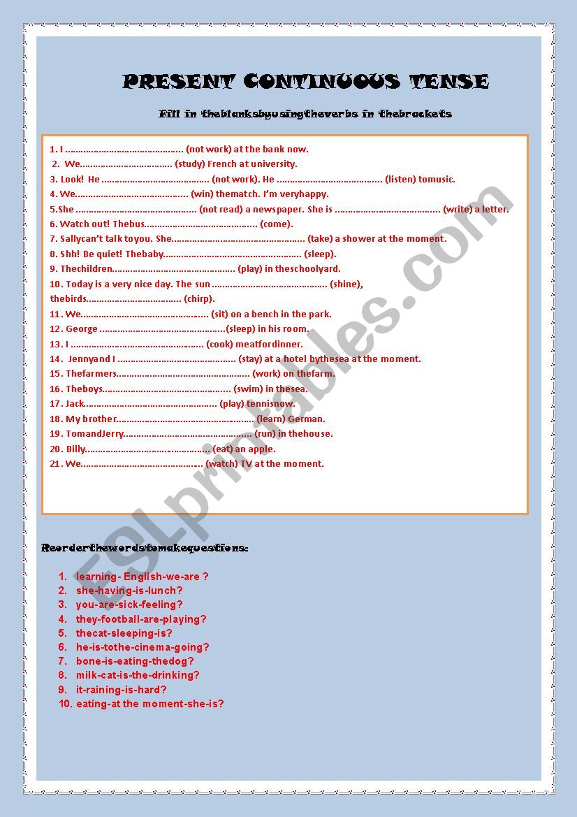 PRESENT CONTINUOUS TENSE worksheet