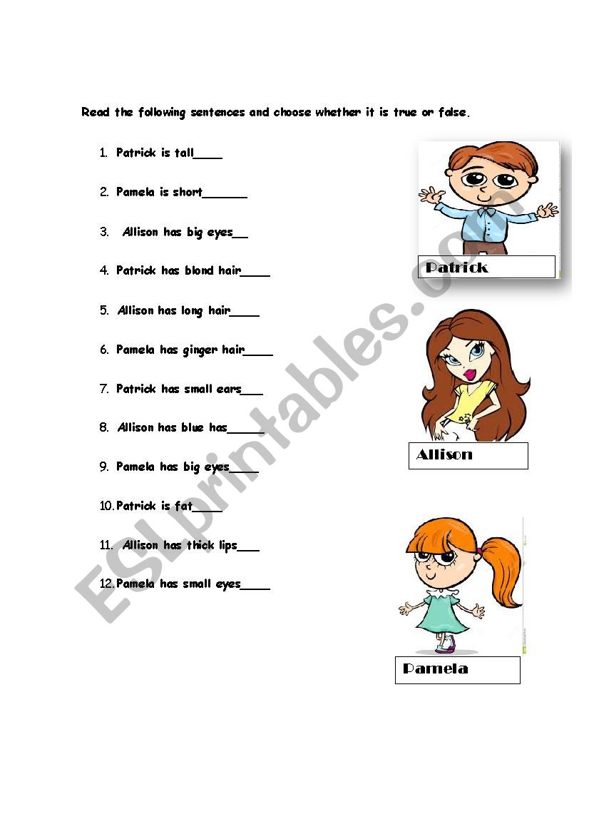 Physical appearance activity worksheet