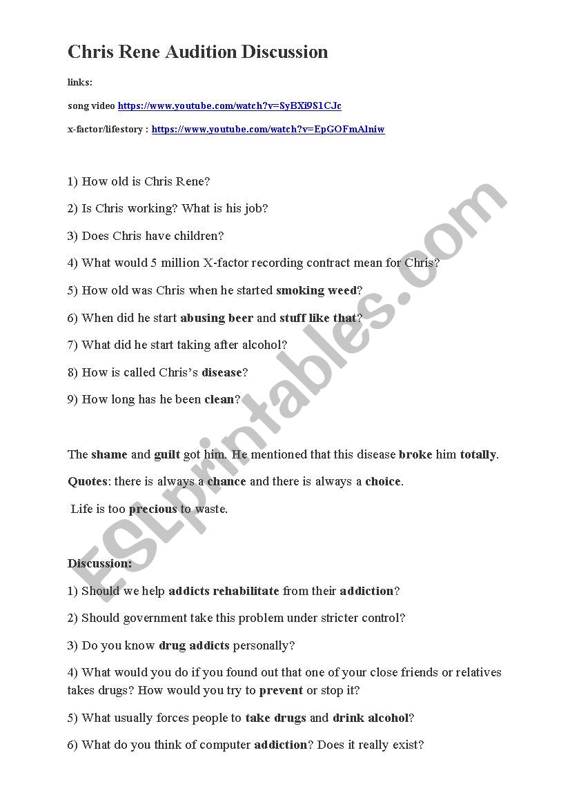 The X Factor Chris Rene - Young Homie worksheet