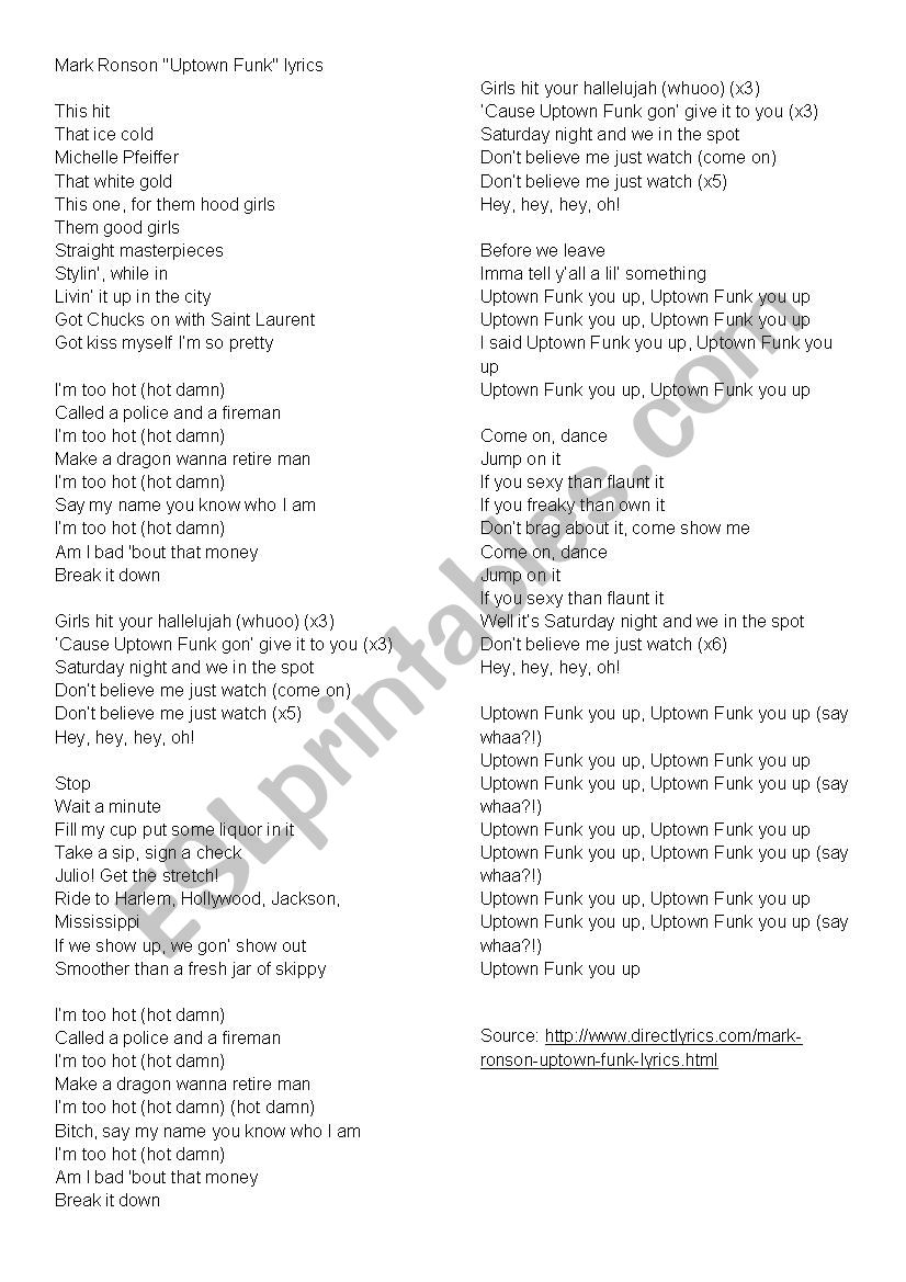 Mark Ronson Uptown Funk Listening Activity Esl Worksheet By Georgelucy