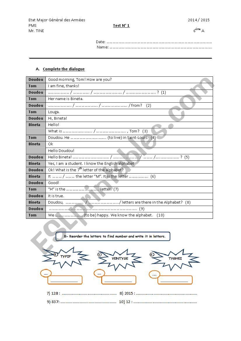 first english test  worksheet