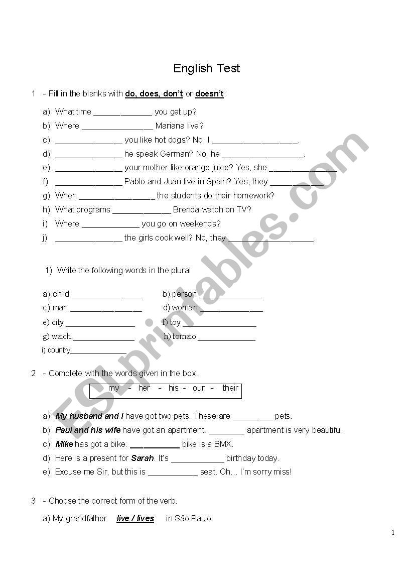 English Test for 6 Grade worksheet