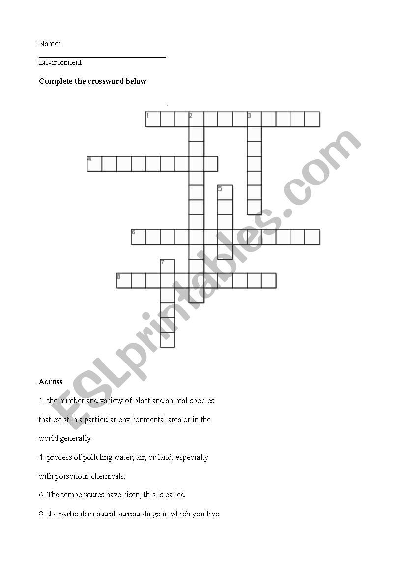 environment crossword worksheet