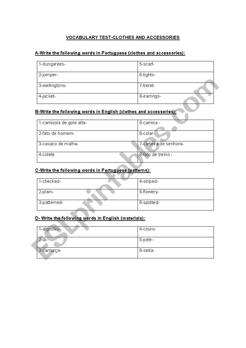 clothes and accessories worksheet