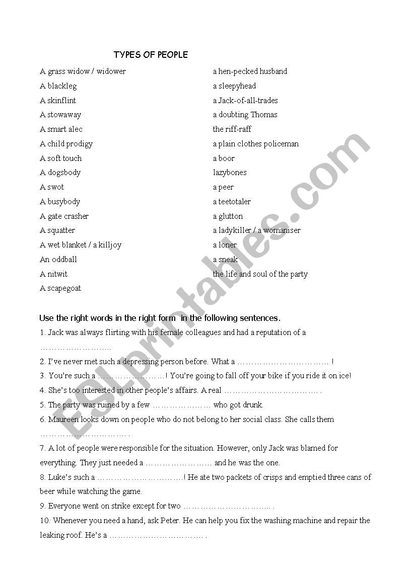 Types of People worksheet