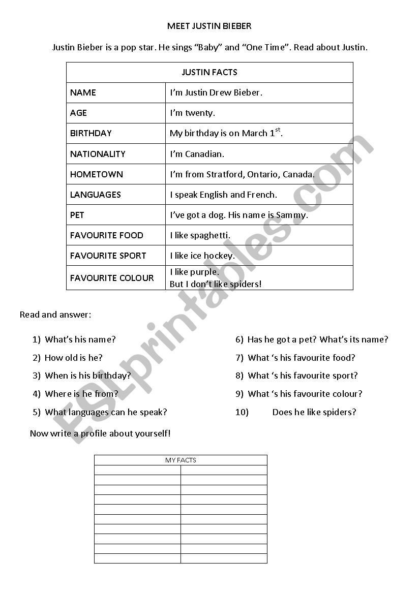 mett justin bieber worksheet