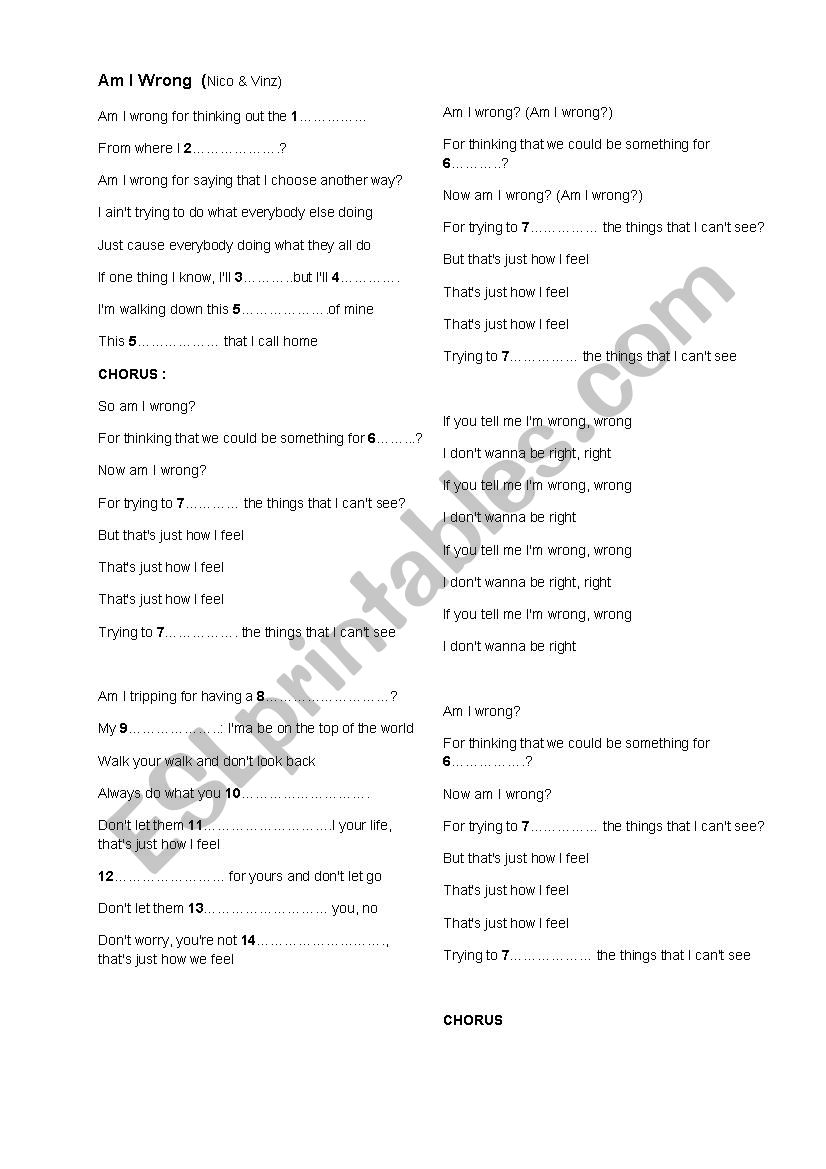 Song: Am I Wrong? worksheet