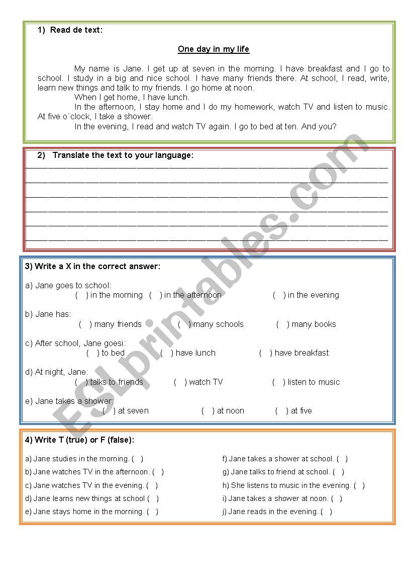 One day in Janes life worksheet