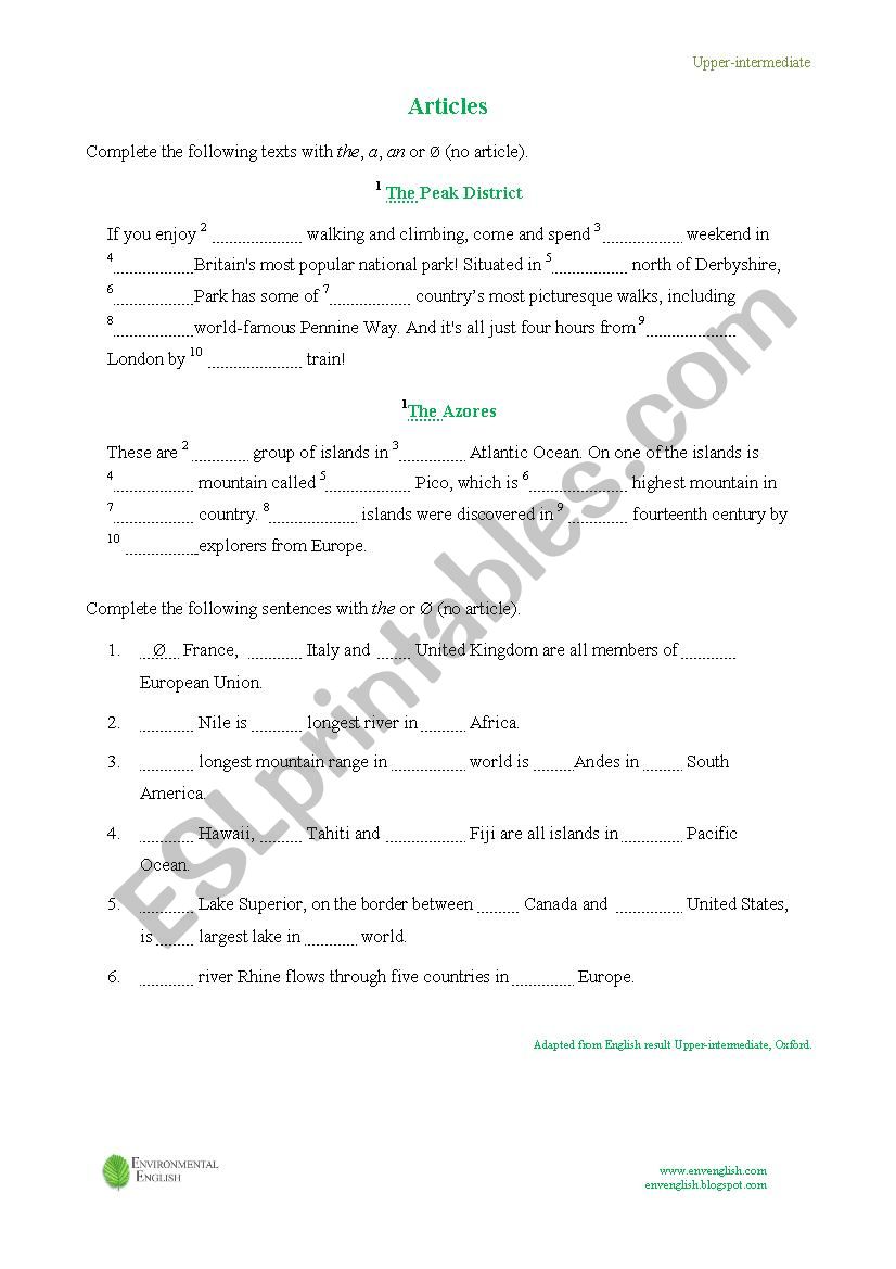 Articles Peak District worksheet