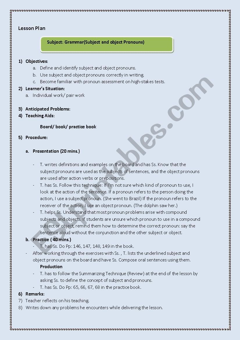 Lesson Plan For Grammar Subject Object pronouns ESL Worksheet By 