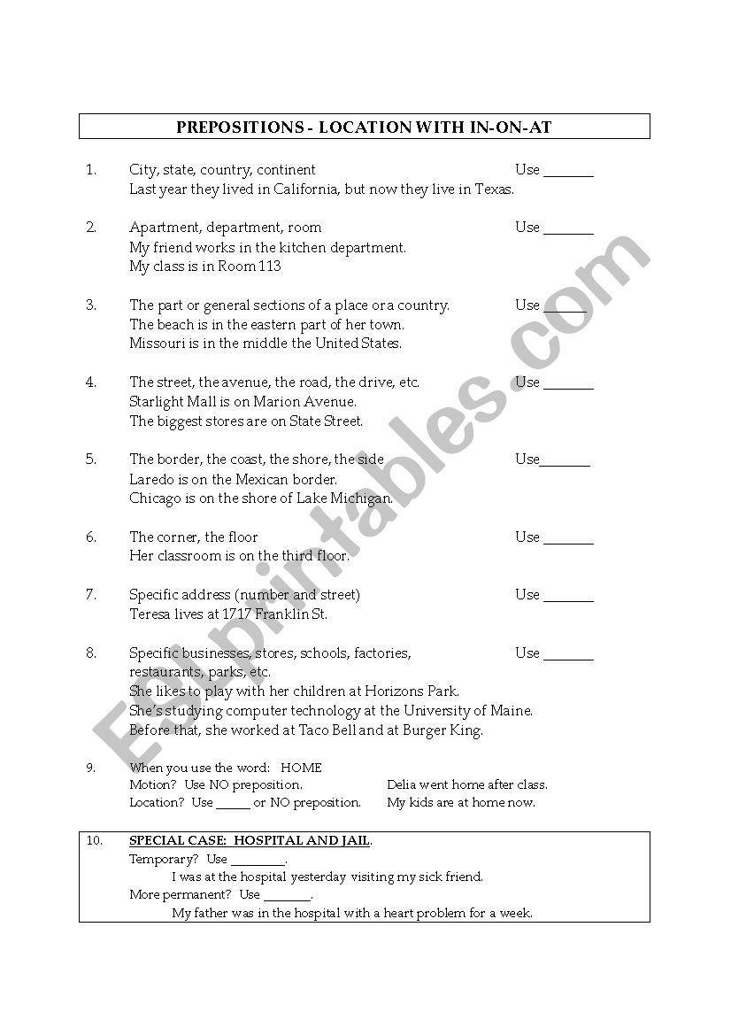 Prepositions of location worksheet