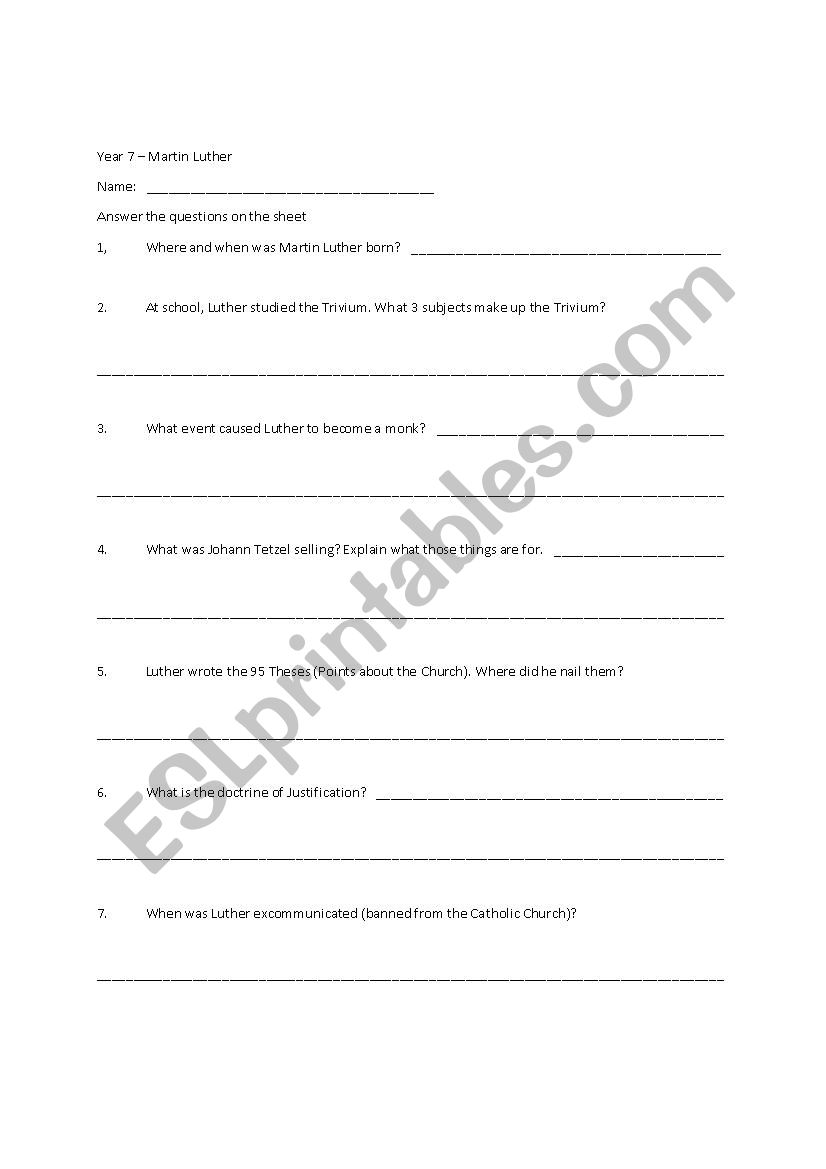 Martin Luther Worksheet worksheet