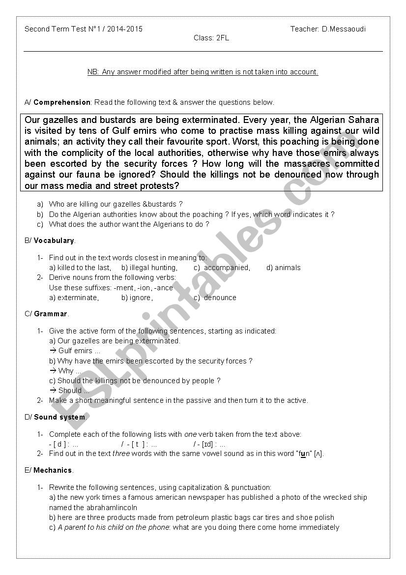 Second Term Test N°1 - 2FL - ESL worksheet by Messdjef