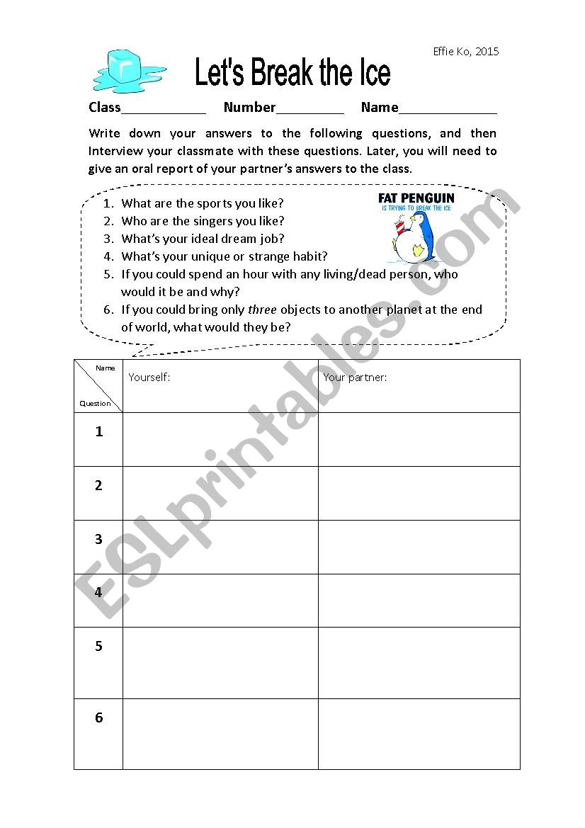 Ice breaking Activity ESL Worksheet By Effieke