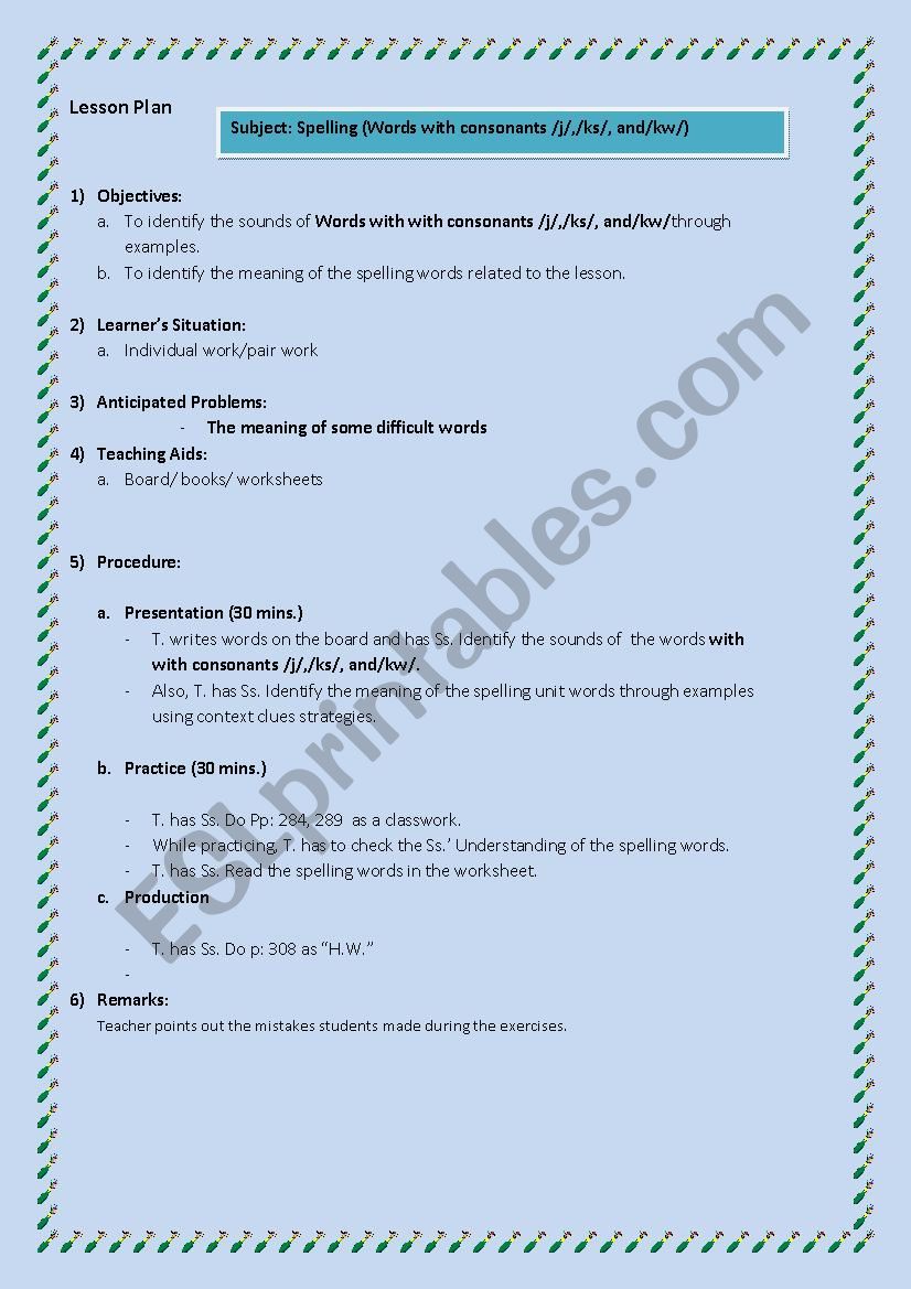 Lesson plan for spelling (Consonants j ks kw)