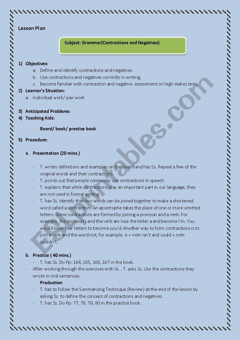 Lesson plan for grammar (Contractions & negatives)