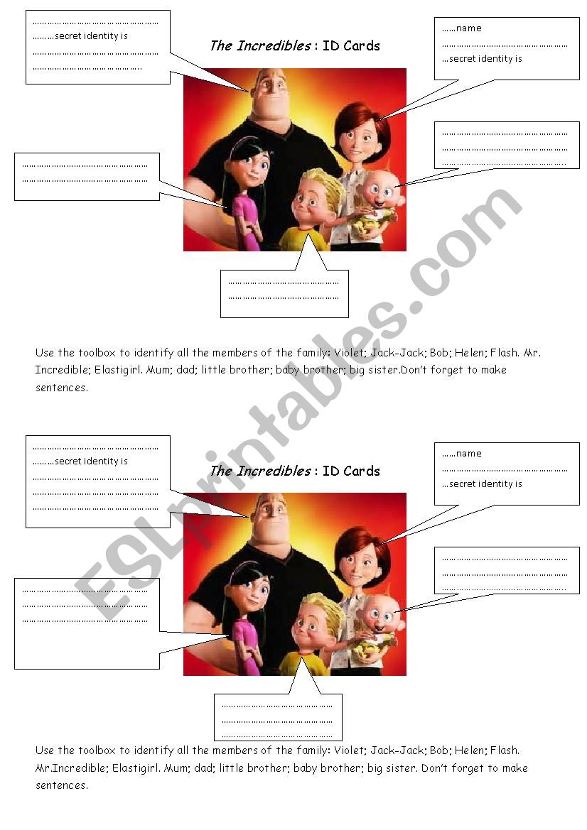 The Incredibles: Id cards worksheet