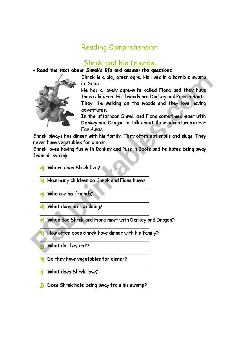 Reading Comprehension: Shrek´s Life - ESL worksheet by msil34