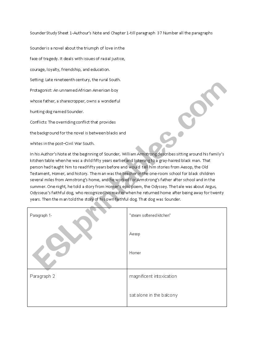 Worksheet for the introduction and first chapter of Sounder