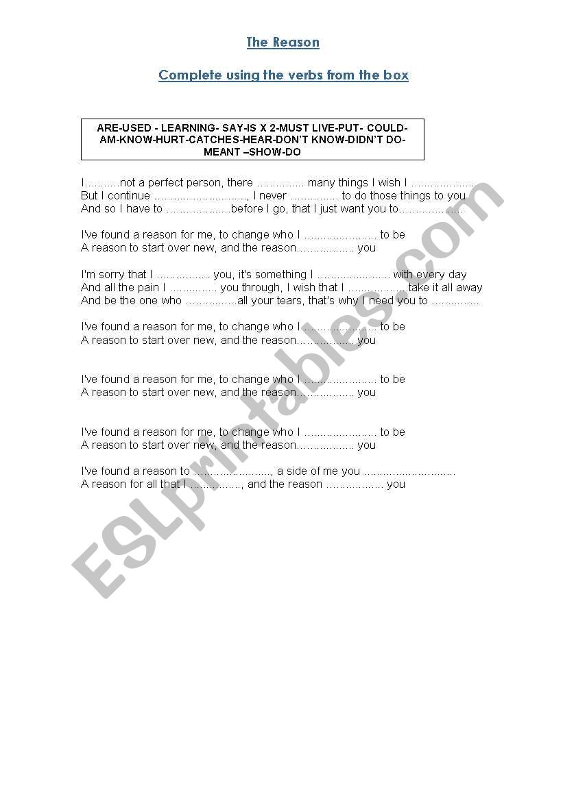 Song-the reason worksheet