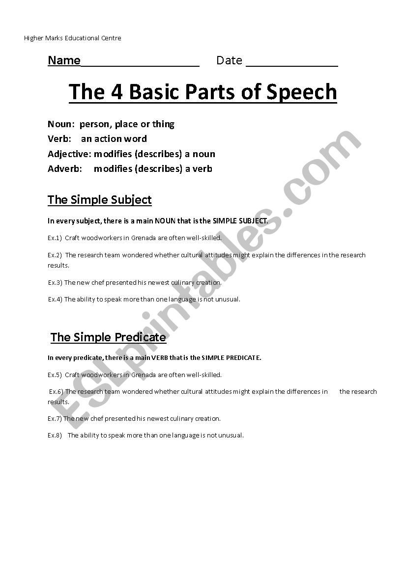 4 Basic Parts of Speech worksheet