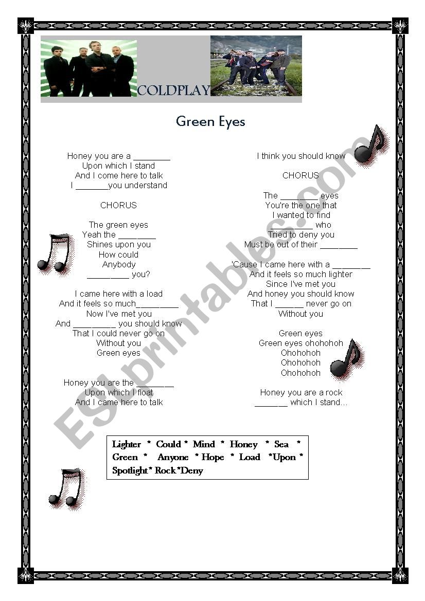 green eyes - cold play worksheet