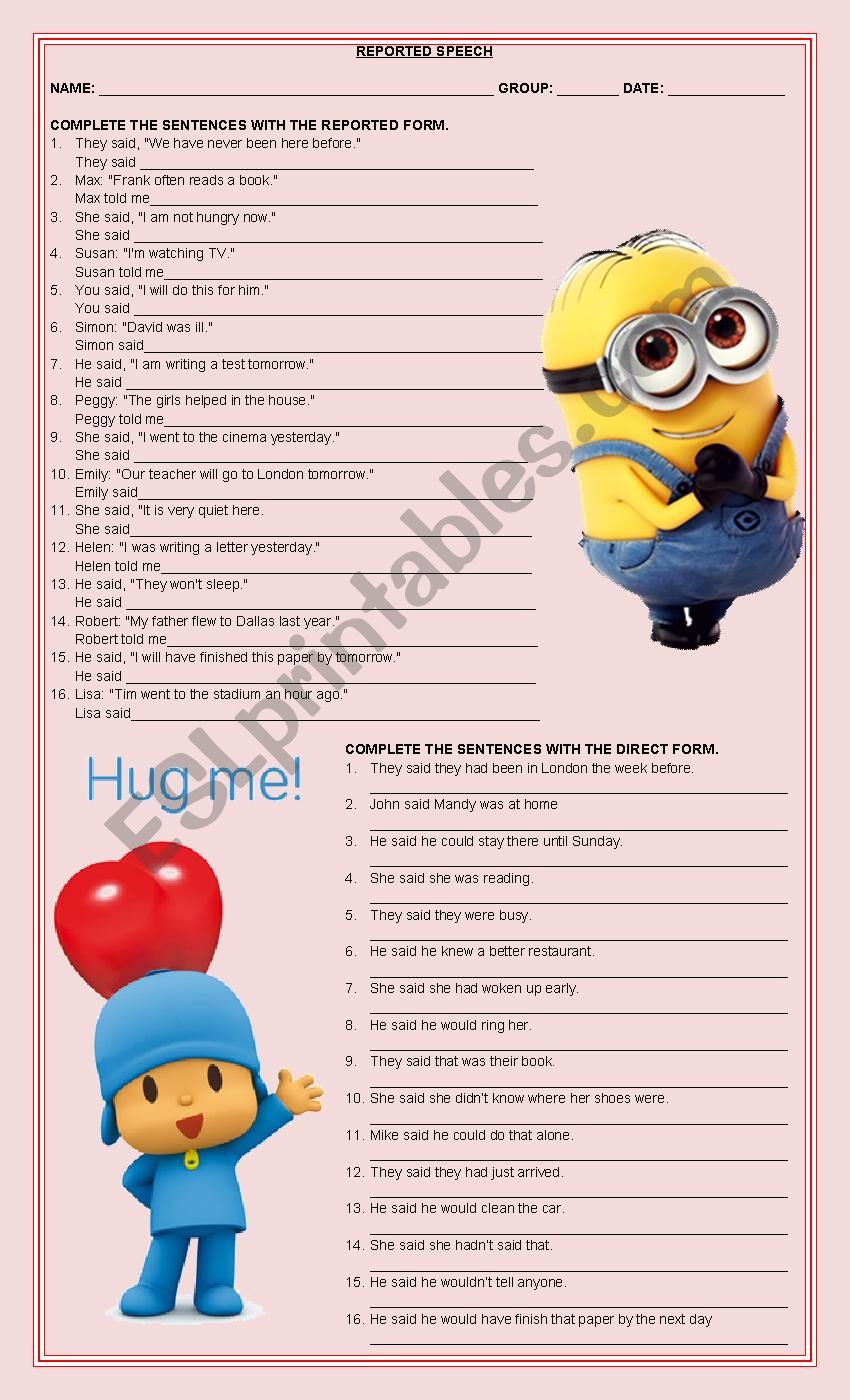 Reported Speech worksheet