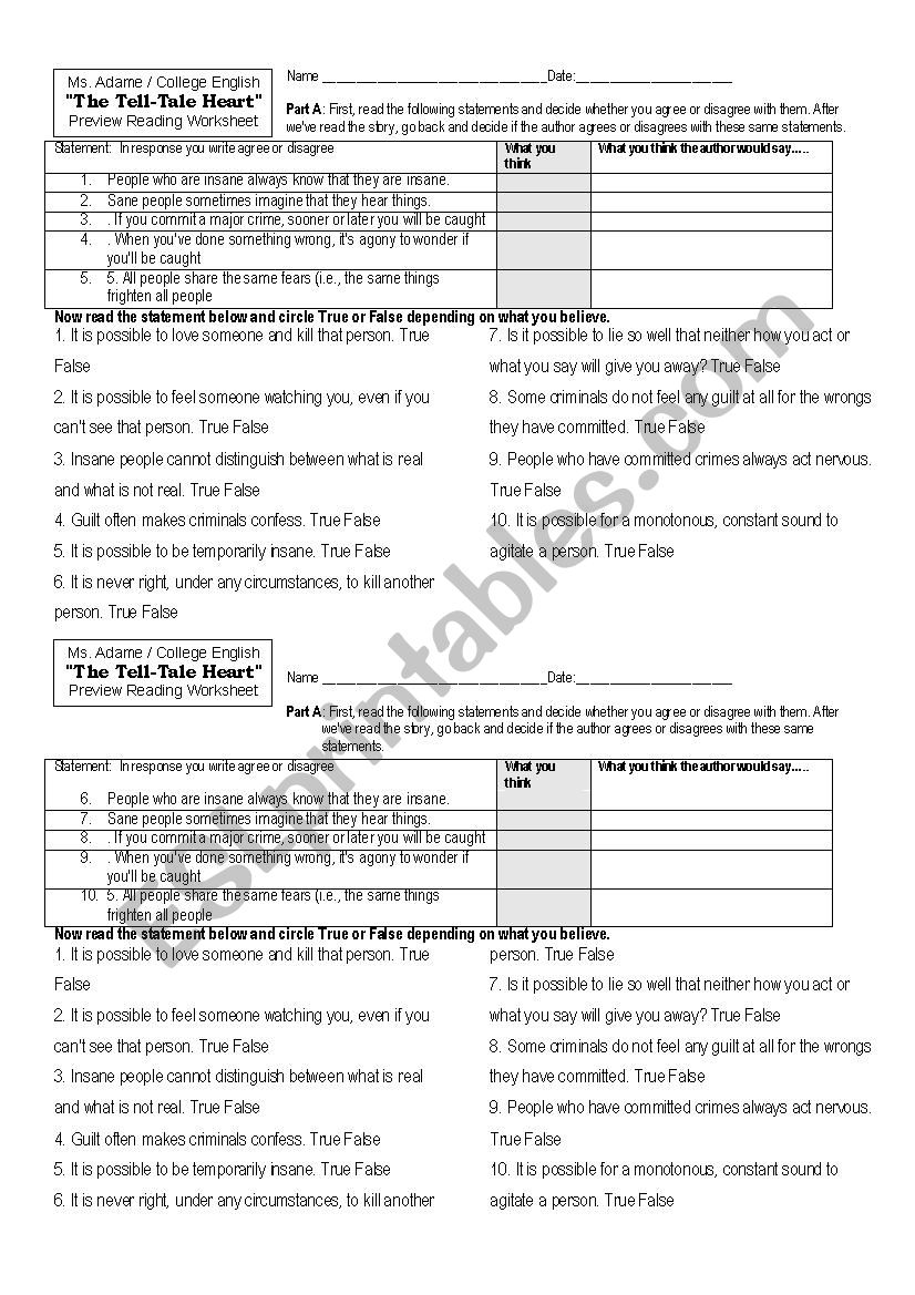 Tell Tale Heart Anticipation worksheet