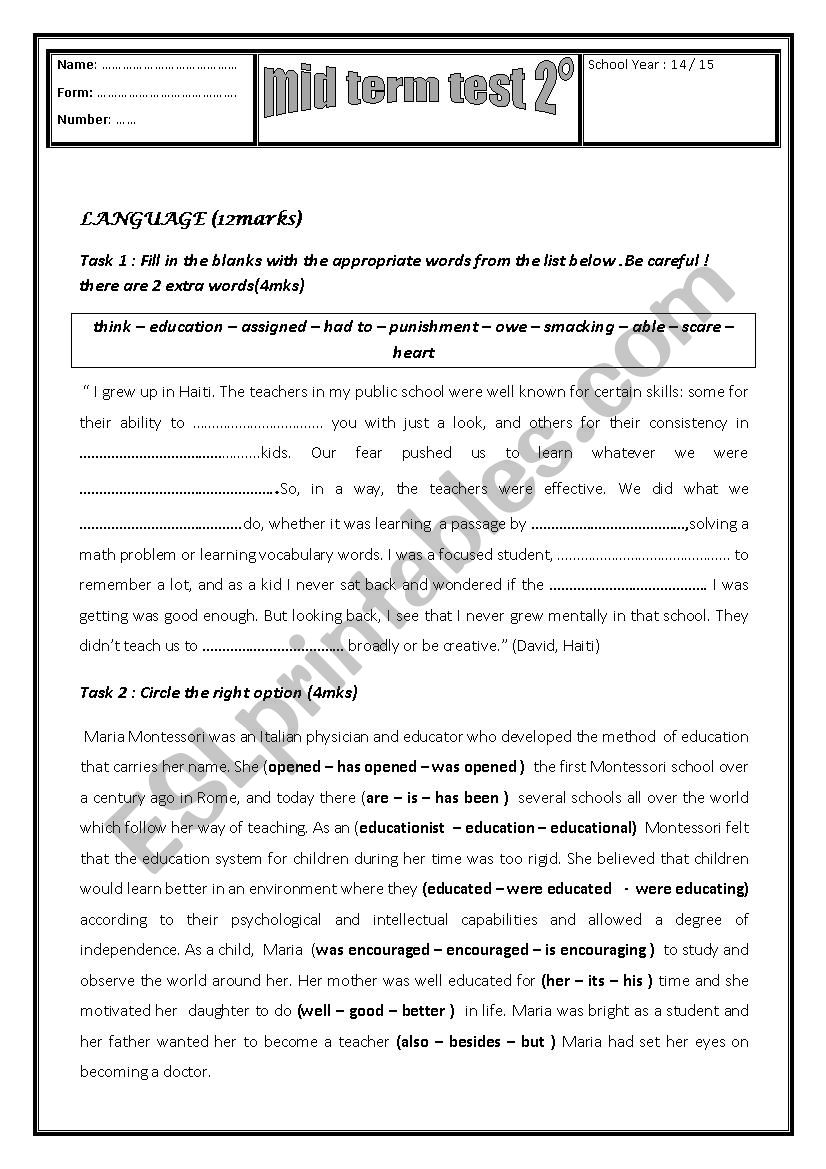 mid term test 2. first form  worksheet