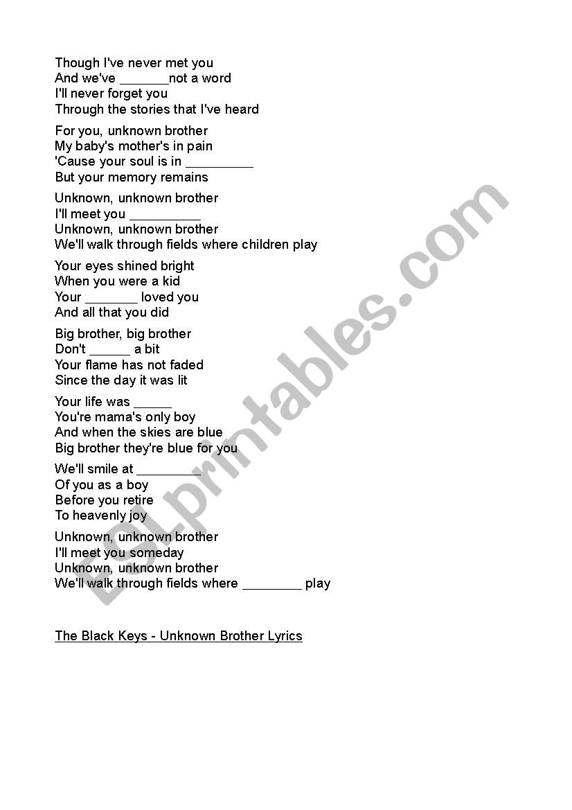 Unknown Brother- The Black Keys (lyrics-gap filling)