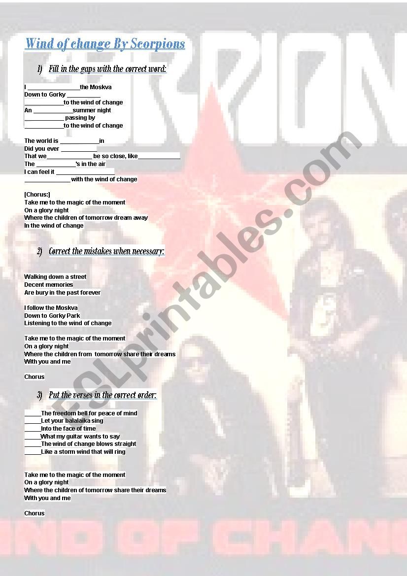 Wind of change by Scorpions worksheet