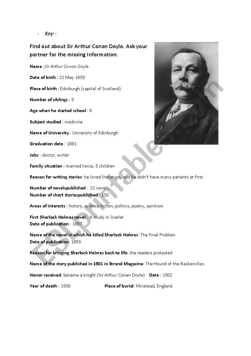 Sir Arthur Conan Doyle´s Biography - Gap Fill : Asking Questions - ESL ...