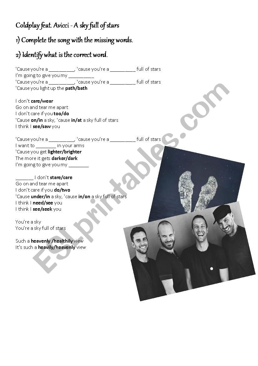 Coldplay - sky full of stars worksheet