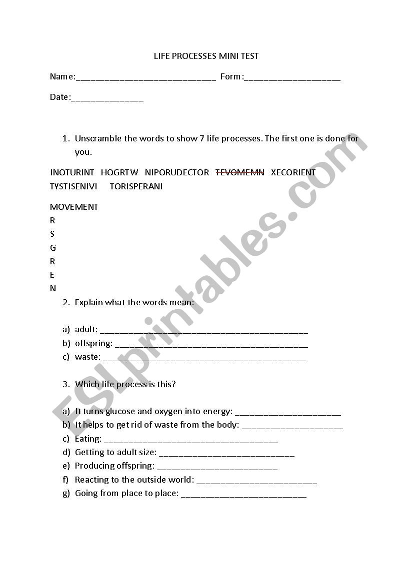 7 life processes mini test worksheet