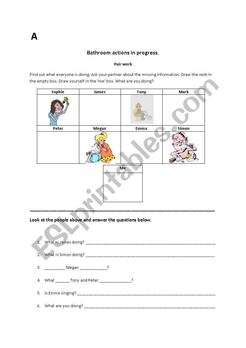 Bathroom actions in progress worksheet