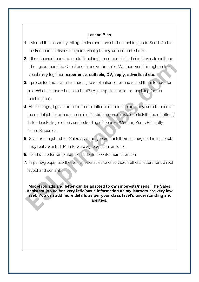 Writing a Formal Job Application Letter, Complete Lesson Layout and Materials: Model Job Ad, Letter, Formal Letter Rules and Letter Writing template!