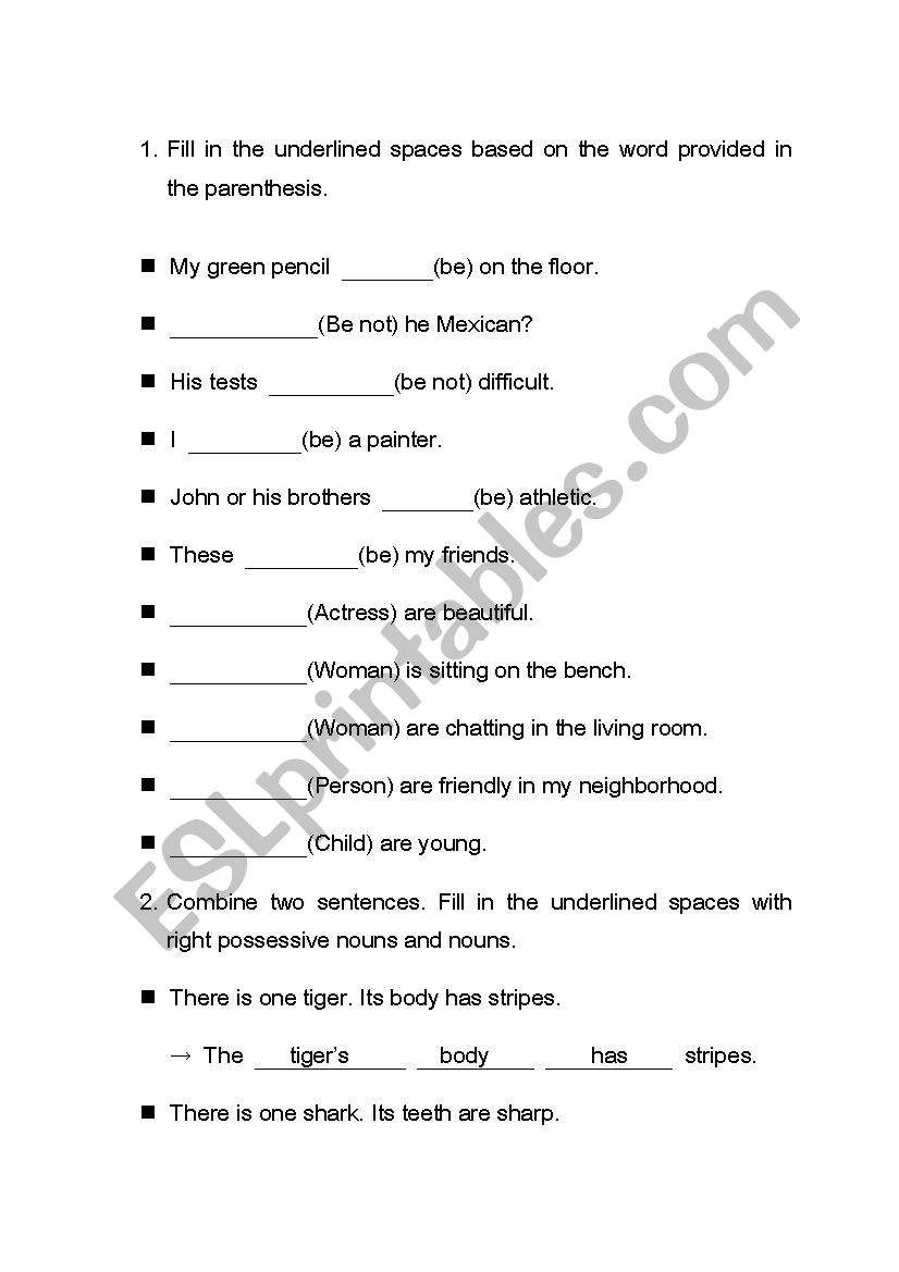 Practice exercises for Verb BE and Possessive Forms