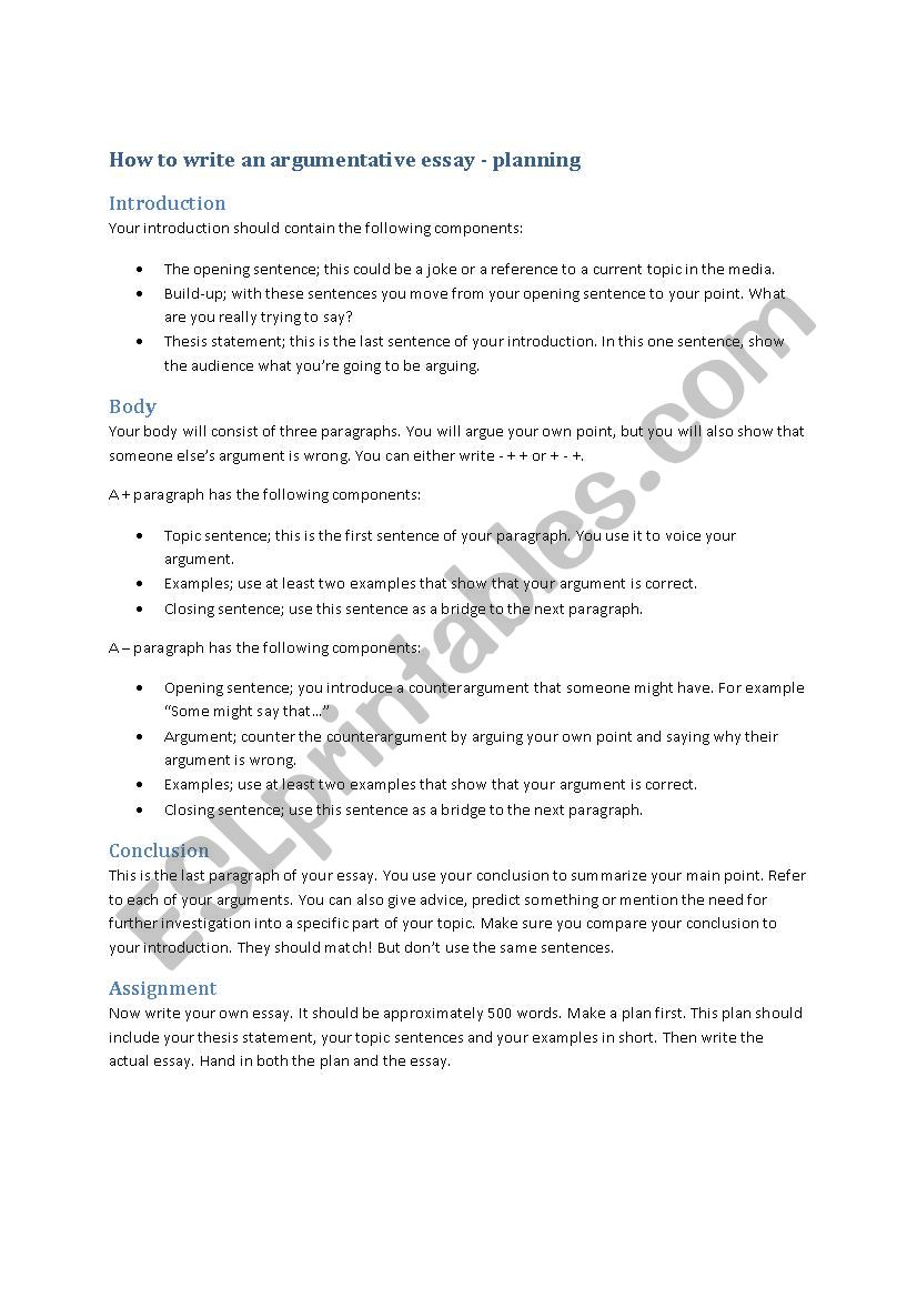 Argumentative essay planning worksheet