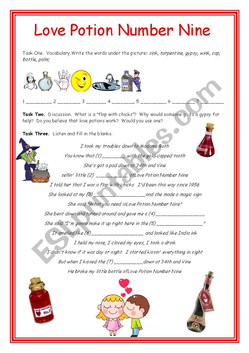 Love Potion Number 9 Song For Valentine S Day Esl Worksheet By Estherlee76 - potion love roblox