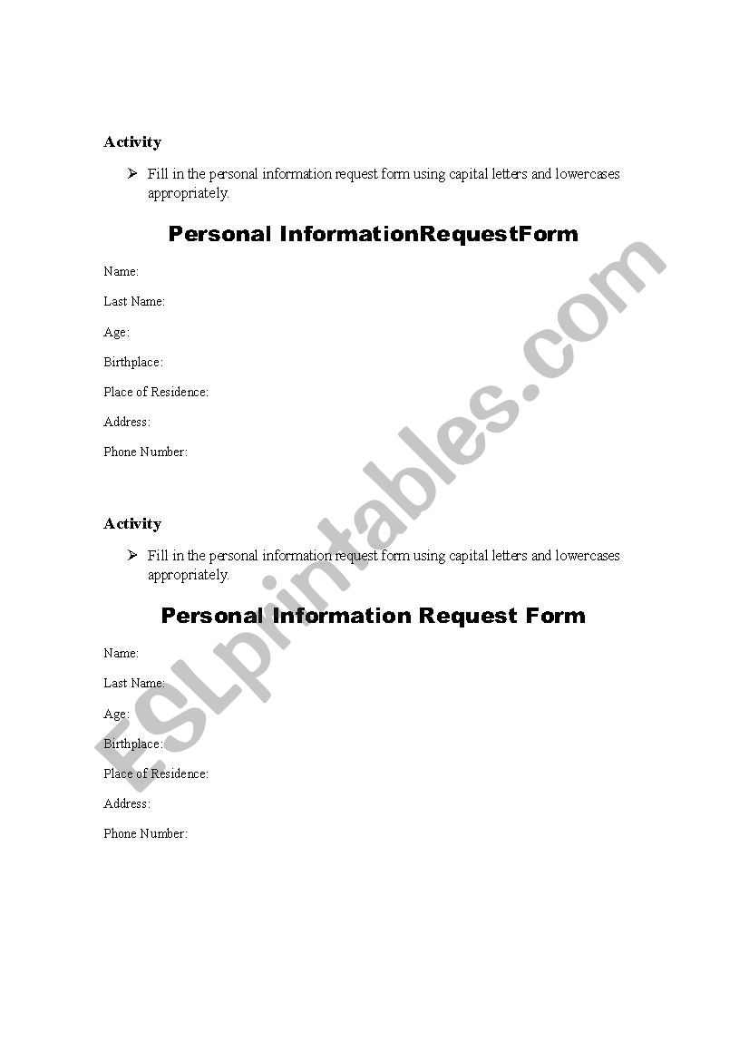 Personal Information Form worksheet