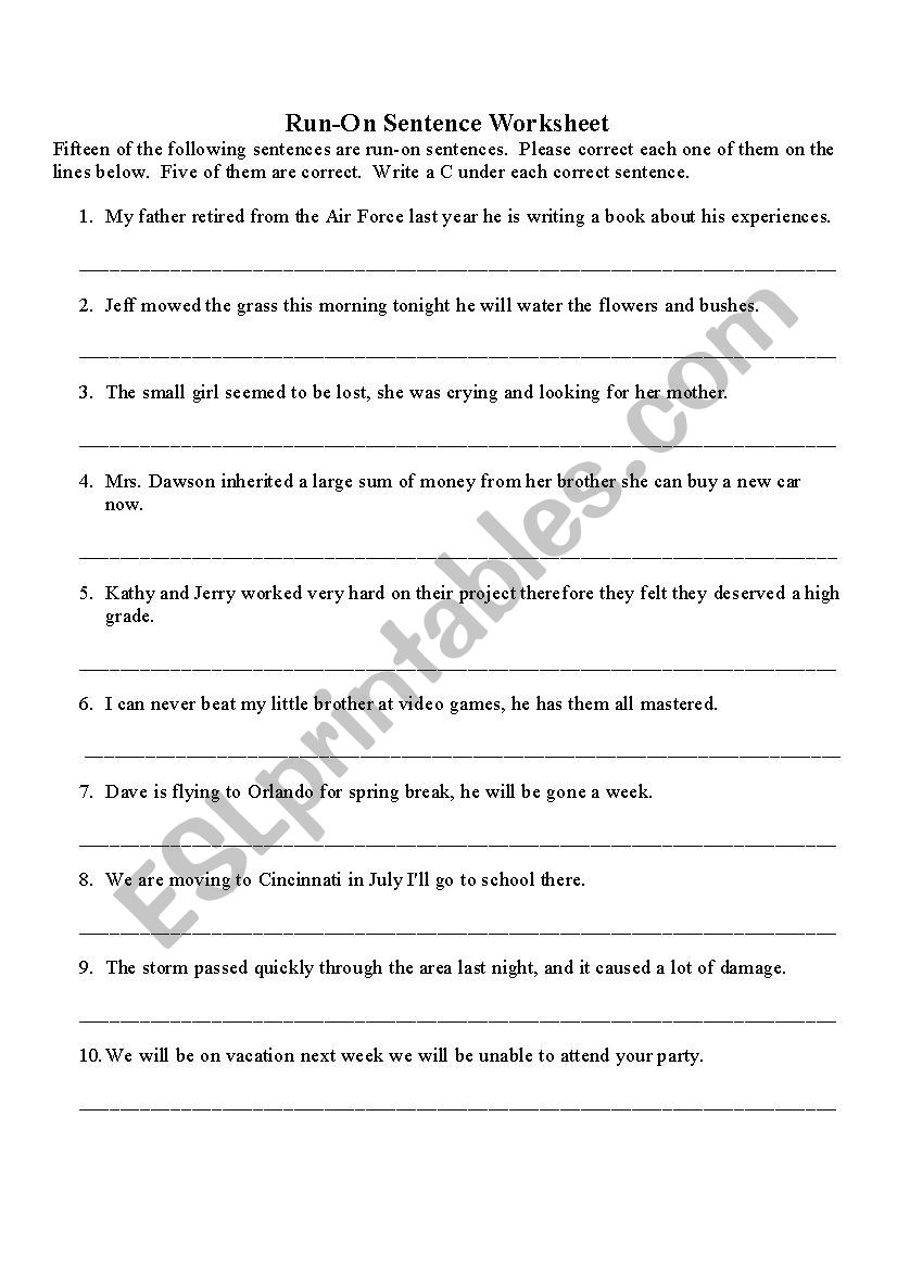 Run On Sentence ESL Worksheet By Joshuawang