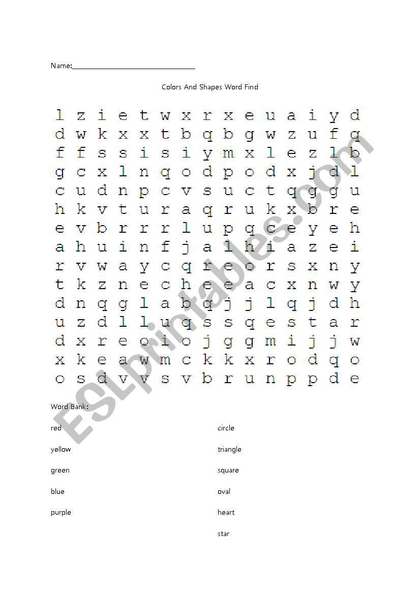 Colors And Shapes Word Find worksheet