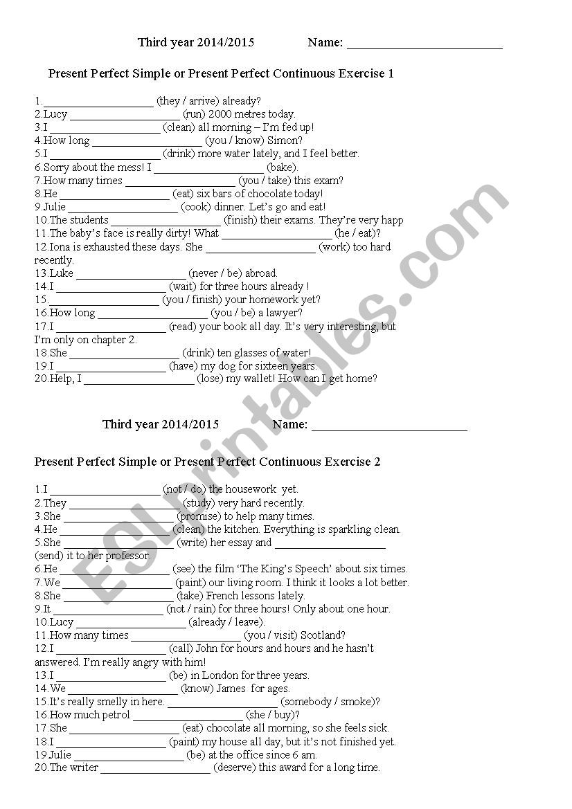 Present Perfect Simple Or Present Perfect Continuous Exercises ESL 