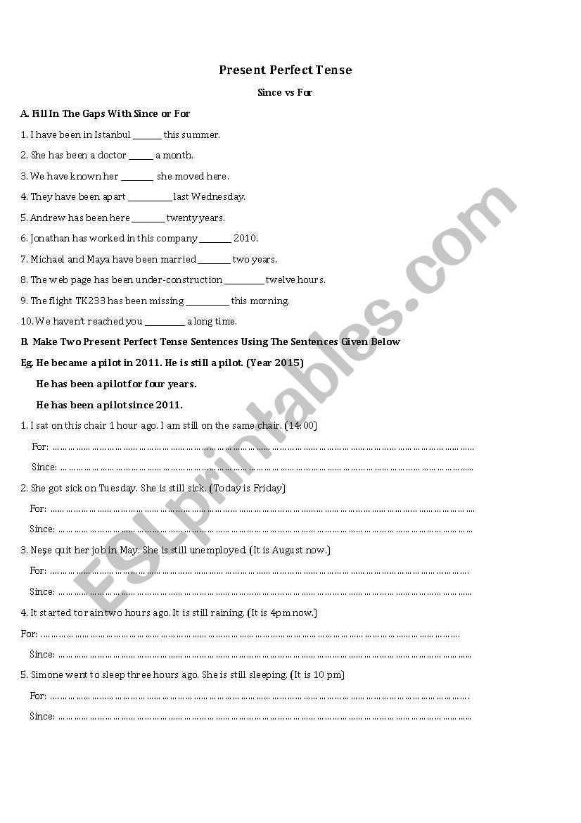 Present Perfect Tense Since For Worksheet - ESL worksheet by orsino