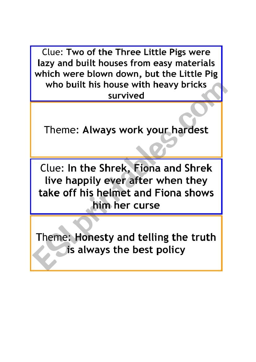 Theme Moral Clue/Evidence Matching card game ESL worksheet by