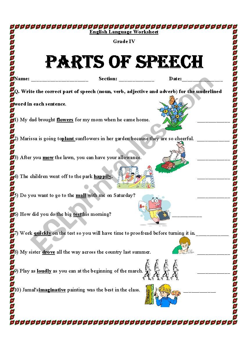 part of speech worksheet grade 9