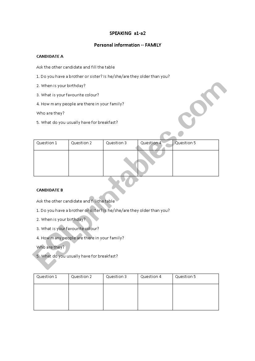 Speaking guide a1 worksheet