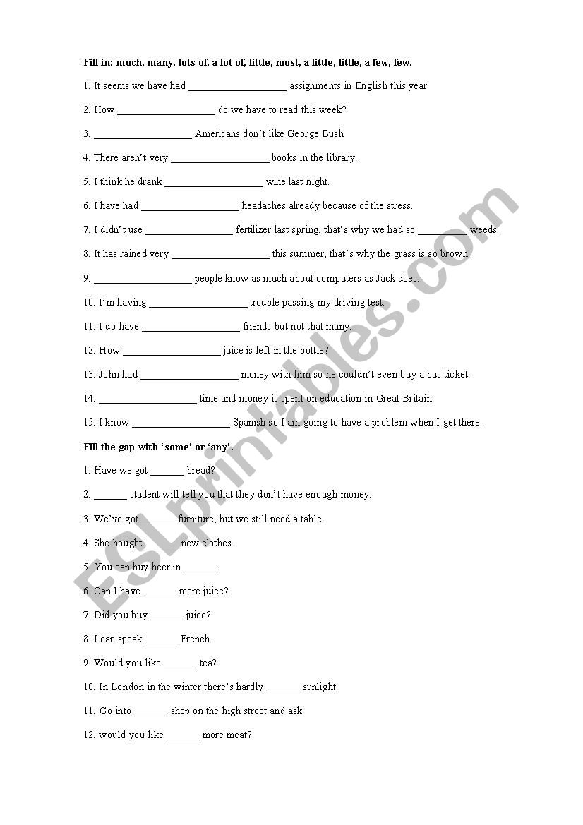 Quantifiers Gap Fill Exercise worksheet